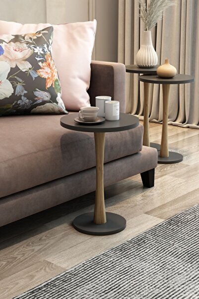 Modalanka Kum Saati 3lü Zigon Sehpa Yuvarlak Gürgen Ayak Ahşap Zigon Sehpa Ov...