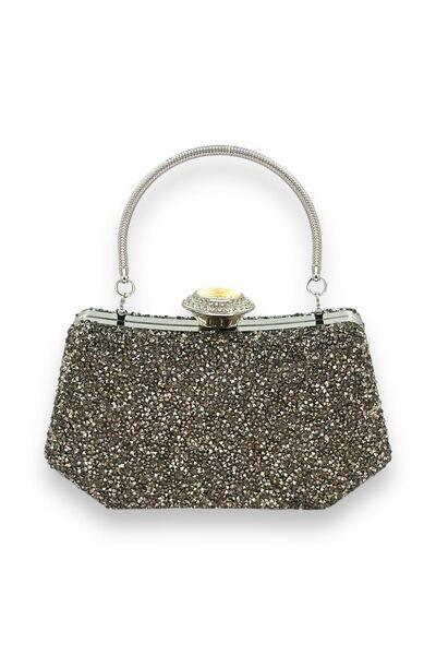 Biçanta Culoare Platină Piatră Perle Mâner metalic Geantă pentru rochie de se...