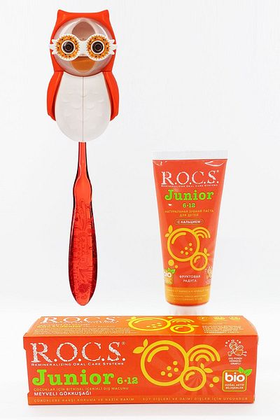 R.O.C.S. 6-12 Care Set - Orange Owl, Rainbow Toothpaste and Red Toothbrush Owl Storage Container