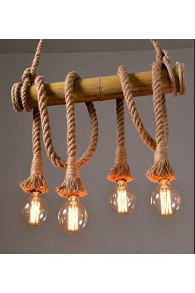 Genel Markalar Bambu Avize 4 Lü Rustik Jüt Halat Sarkıt Avize ,ahşap Avize