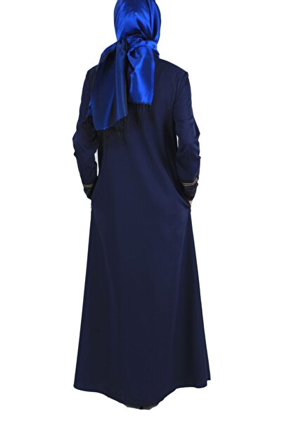Bluence Stone Detailed Zippered Navy Blue Ferace Yaylaks