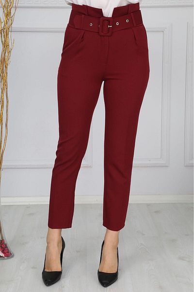 Bluence Pantaloni de damă din țesătură bordeaux cu centură în talie