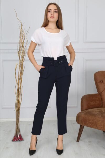 Bluence Women's Black Belted Fabric Trousers