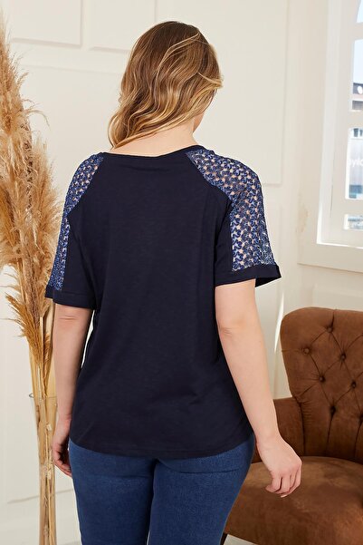 RMG Navy Blue Large Size T-Shirt - Shoulder Lace Detail