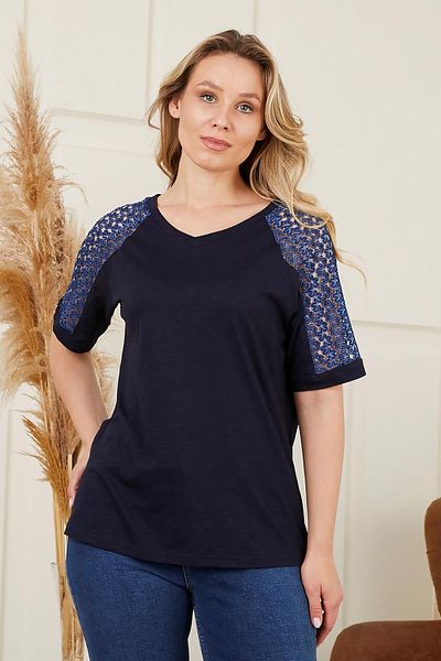 RMG Navy Blue Large Size T-Shirt - Shoulder Lace Detail