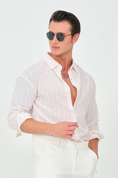 RELAXL Ανδρικό λινό πουκάμισο oversize ροζ ριγέ - 100% βαμβάκι, μακρυμάνικο