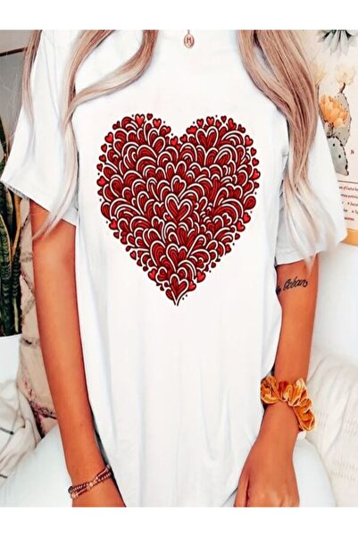 CLASSY.MODA قميص تيشرت سوبريم للنساء - أبيض مطبوع قصة فضفاضة برقبة دائرية وأك...