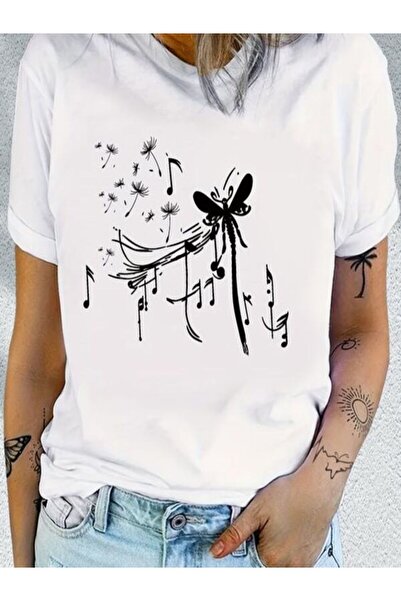 CLASSY.MODA قميص تيشرت سوبريم للنساء - أبيض مطبوع قصة فضفاضة برقبة دائرية وأك...