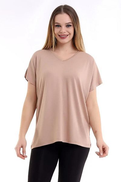 Devinka Women's Mink Large Size V-Neck Oversize Basic T-shirt