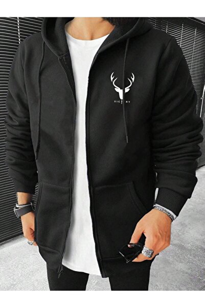 coolart Zippered Winter Cardigan - Black Printed Oversize Ribbed Hoodie