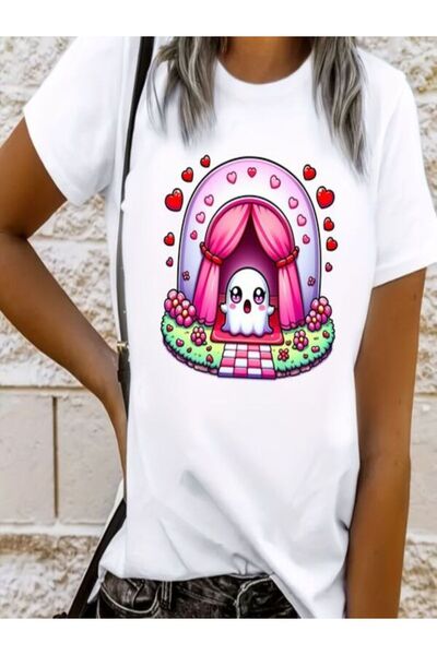 CLASSY.MODA تي شيرت نسائي من جيرسي واحد - تي شيرت أبيض مطبوع كبير الحجم بياقة...