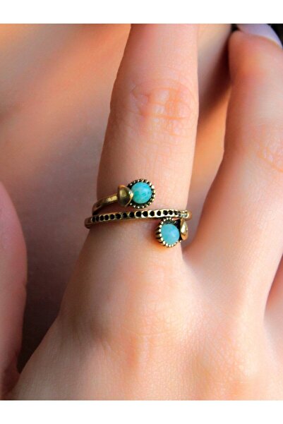 esha İkili 3mm Doğal Taşlı Antik Kadın Ayarlanabilir Yüzük Amazonit Taşı euy32a
