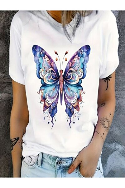 CLASSY.MODA تي شيرت نسائي من جيرسي واحد - تي شيرت أبيض مطبوع كبير الحجم بياقة...