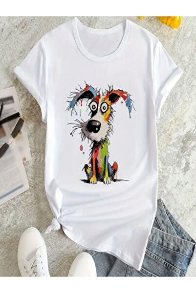 CLASSY.MODA تي شيرت نسائي من جيرسي واحد - تي شيرت أبيض مطبوع كبير الحجم بياقة...