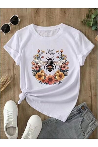 CLASSY.MODA Süprem T-shirt - Beyaz Baskılı Bal Arısı Oversize Bisiklet Yaka Kısa Kol Tişört