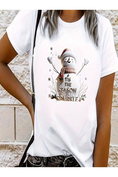 CLASSY.MODA تي شيرت نسائي من جيرسي واحد - تي شيرت أبيض مطبوع كبير الحجم بياقة...