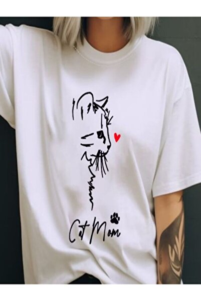 CLASSY.MODA تي شيرت نسائي من جيرسي واحد - تي شيرت أبيض مطبوع كبير الحجم بياقة...