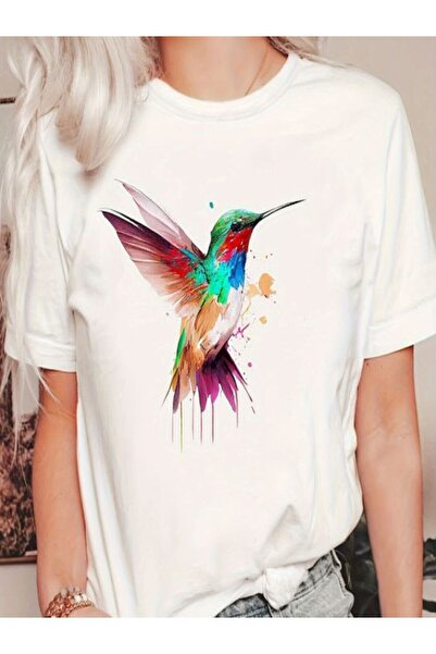 CLASSY.MODA تيشيرت أبيض مطبوع عليه طائر، مقاس كبير، بياقة دائرية، وأكمام قصيرة