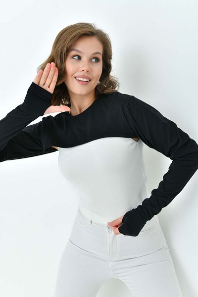 mirach Black Bicycle Fingered Hijab Neck Collar |   Long Sleeve Sleeve Body Blouse Bolero Comfortable Design