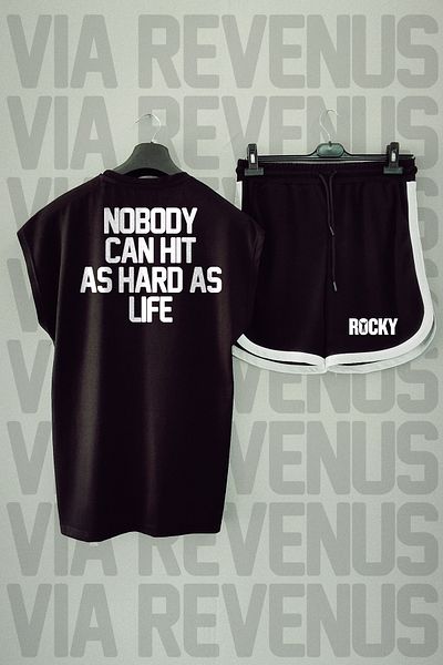 Vordevia No One Is Life - Hard Can't Hit Black Sports T-Shirt and Shorts Set, Crew Neck