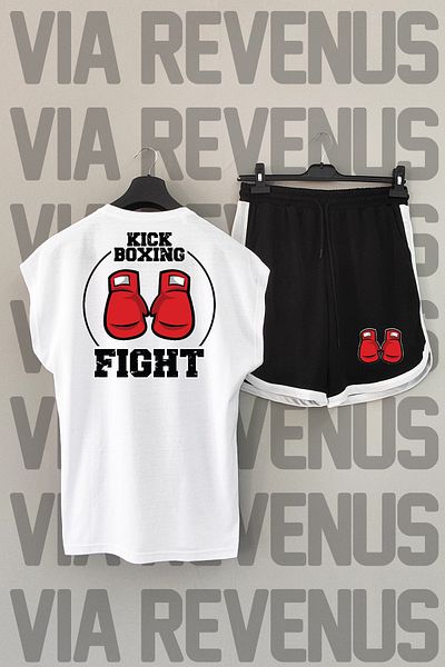 Vordevia Kick Boxing - Crew Neck White and Black Sports Set, Zero Sleeves and Back Print