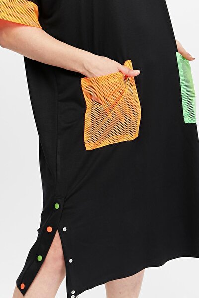 Ebsumu Women's Plus Size Colored Mesh Pocket Detailed Extra Comfortable Fit Black Dress