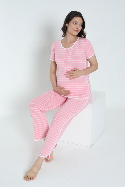 Miss Dünya Lissa Striped Crew Neck Short Sleeve Pajamas Set for Pregnant and Maternity Suitable for Breastfeeding