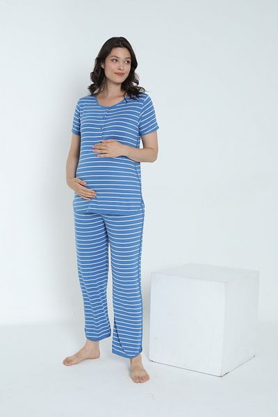 Miss Dünya Lissa Striped Crew Neck Short Sleeve Pajamas Set for Pregnant and Maternity Suitable for Breastfeeding