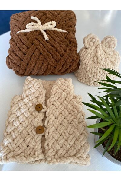 ÖRGÜCÜ DESİGN Puffy Knitted Baby Blanket - Vest - Beanie Set