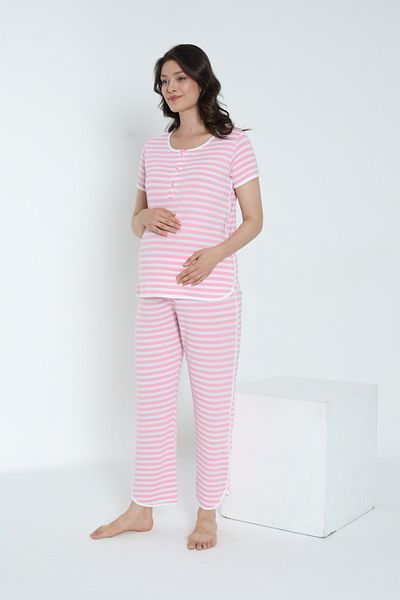 Miss Dünya Lissa Striped Crew Neck Short Sleeve Pajamas Set for Pregnant and Maternity Suitable for Breastfeeding