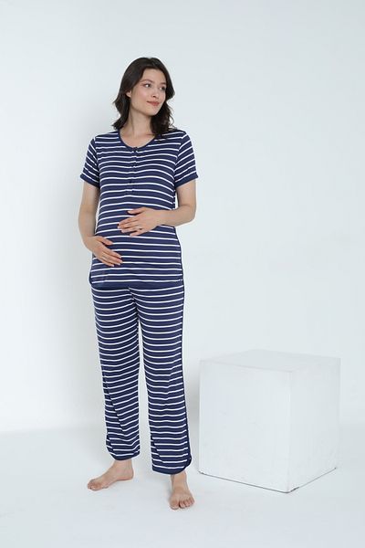 Miss Dünya Lissa Striped Crew Neck Short Sleeve Pajamas Set for Pregnant and Maternity Suitable for Breastfeeding
