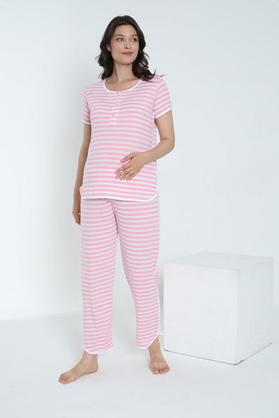 Miss Dünya Lissa Striped Crew Neck Short Sleeve Pajamas Set for Pregnant and Maternity Suitable for Breastfeeding