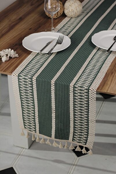Tropikhome Pamuk Dantel Püsküllü Yeşil Runner, Sunum Örtüsü Dantel Bej 35x145...