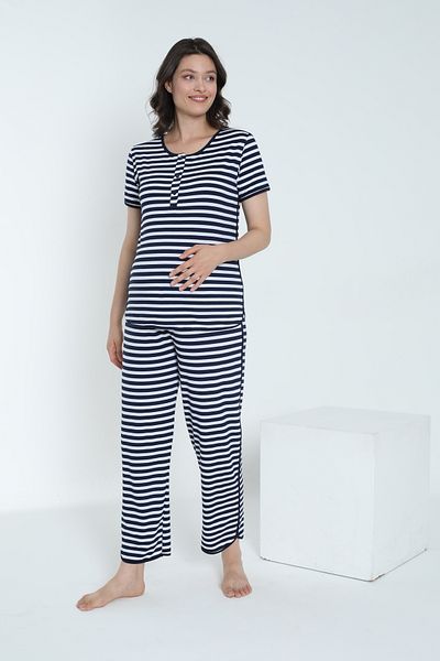Miss Dünya Lissa Striped Crew Neck Short Sleeve Pajamas Set for Pregnant and Maternity Suitable for Breastfeeding