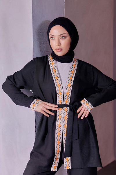Bold Grup Women's Ethnic Striped Kimono Trousers Linen Double Base Set