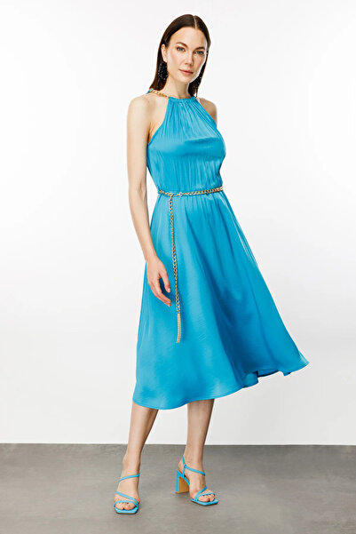 Ekol Turquoise Midi Dress - Collar Chain Detail, Women's, 4204