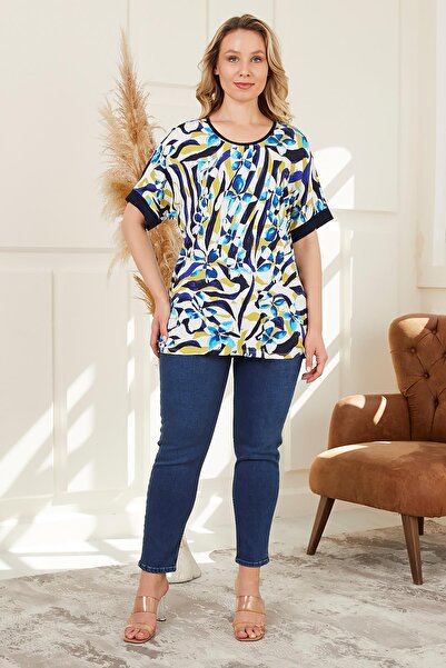 RMG Plus Size Patterned Ecru T-Shirt