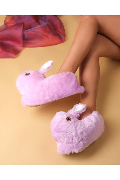 Genel Markalar Kadın Lila Tüylü Tavşan Figürlü Kaymaz Taban Pofuduk Peluş Patik  Ev Botu Rahat Panduf