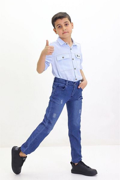 GZT TEKSTİL Boy's Lycra Jeans Trousers with Fraying (6-12 Years) Waist Hidden Elastic