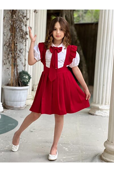 Sahil Collection Tak Çıkart Fiyonk Gravat Aksesuarlı Gömlek Li Kırmızı Kız Çocuk Elbise Takım (TASARIM)