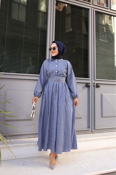 Tesettür Diyarı Navy Blue Striped Hijab Dress - With Tie Detail