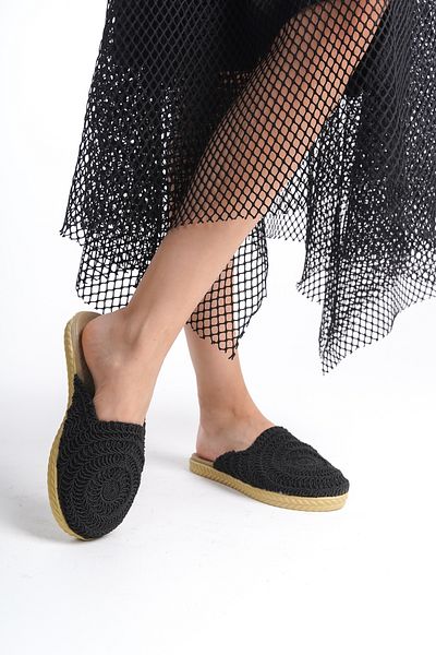 Moda Değirmeni Δαντελωτές μαύρες γυναικείες πλεκτές παντόφλες - BG1027-122-0001