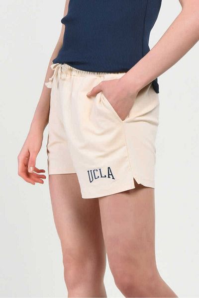 UCLA Pantaloni scurți tricotați pentru damă, brodați supradimensionați, bej Rosa