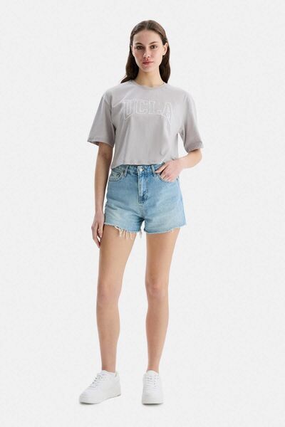 UCLA HELENA Γκρι Crew Neck Oversize Crop Κεντημένο Oversize Γυναικείο Tshirt