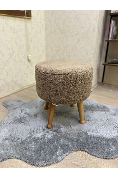 Asedia Miskin Naturel Teddy Kahve Ahşap Ayaklı Peluş Puf Makyaj Koltuğu Yuvar...