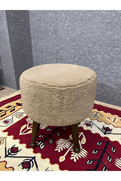 Asedia Miskin Ceviz Teddy Kahve Ahşap Ayaklı Peluş Puf Makyaj Koltuğu Yuvarlak Tabure