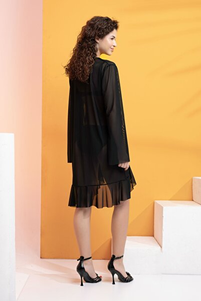 XCLSV Likralı Tülden Volanlı Kimono Kaftan