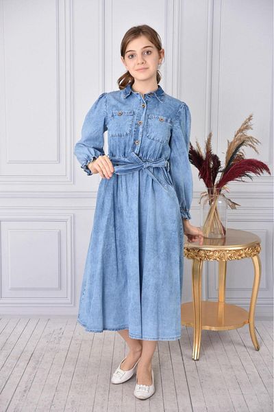 Asortix Fata - Tesatura Denim Lavata Bumbac Blugi Lungi Rochie Jean