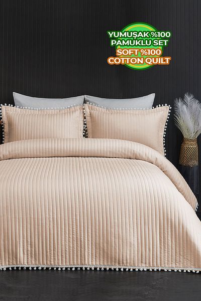 Evlen Home Pompom Double 100% Cotton Bedspread - Striped Beige Coffee Set