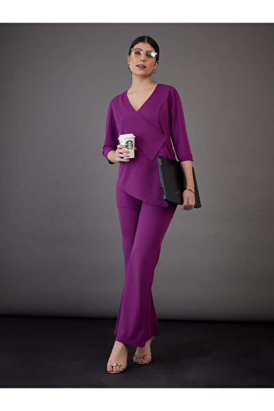 Sassafras By Styli Asymmetrical Hem Wrap Top & Flared Pants Co-Ord